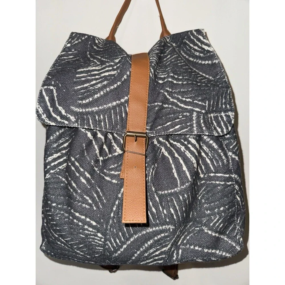 Boho Canvas Backpack Purse Gray Cream Abstract Print Drawstring Minimalist
